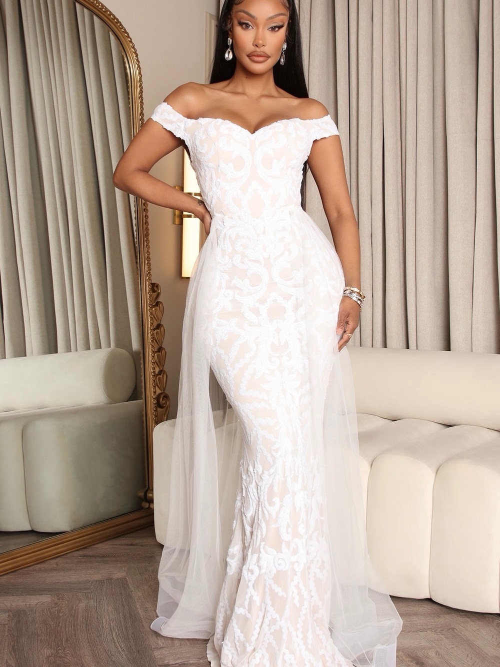 Fashion Nova Off-Shoulder White Lace Tulle Mermaid Gown
